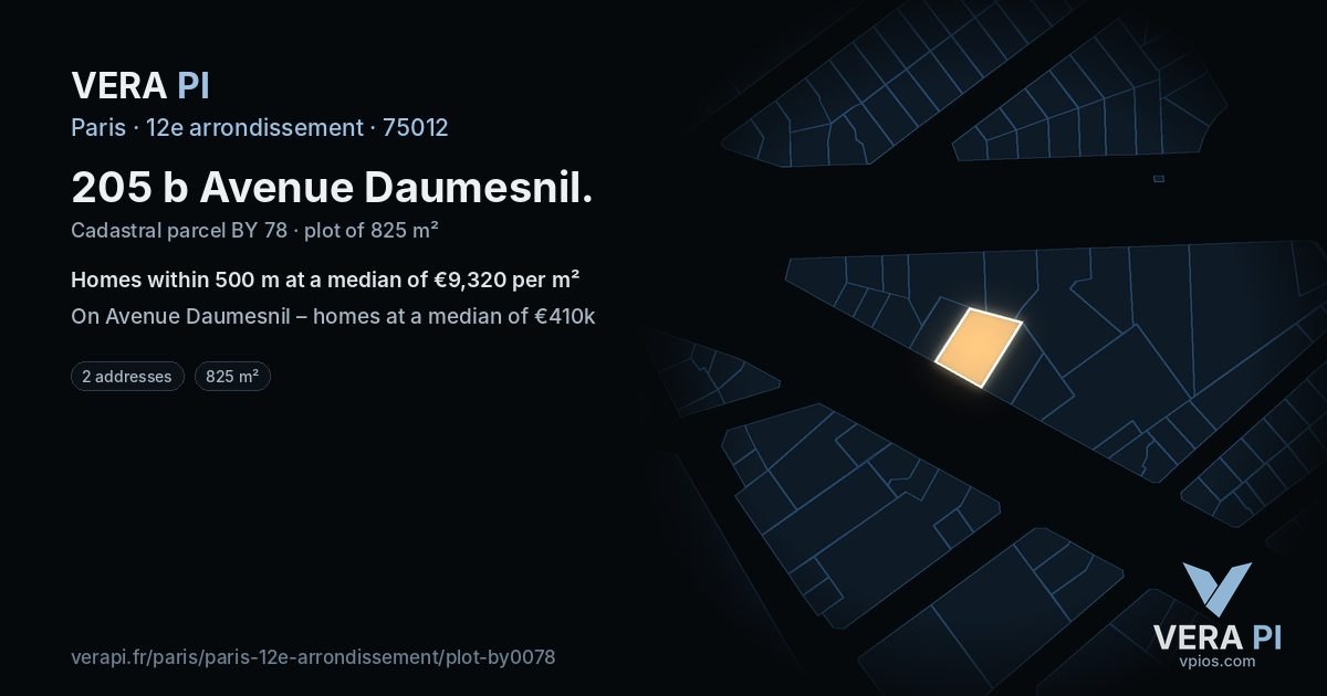 205 b Avenue Daumesnil, 12e arrondissement at night – the plot lit, the parcels around coloured by the prices near them