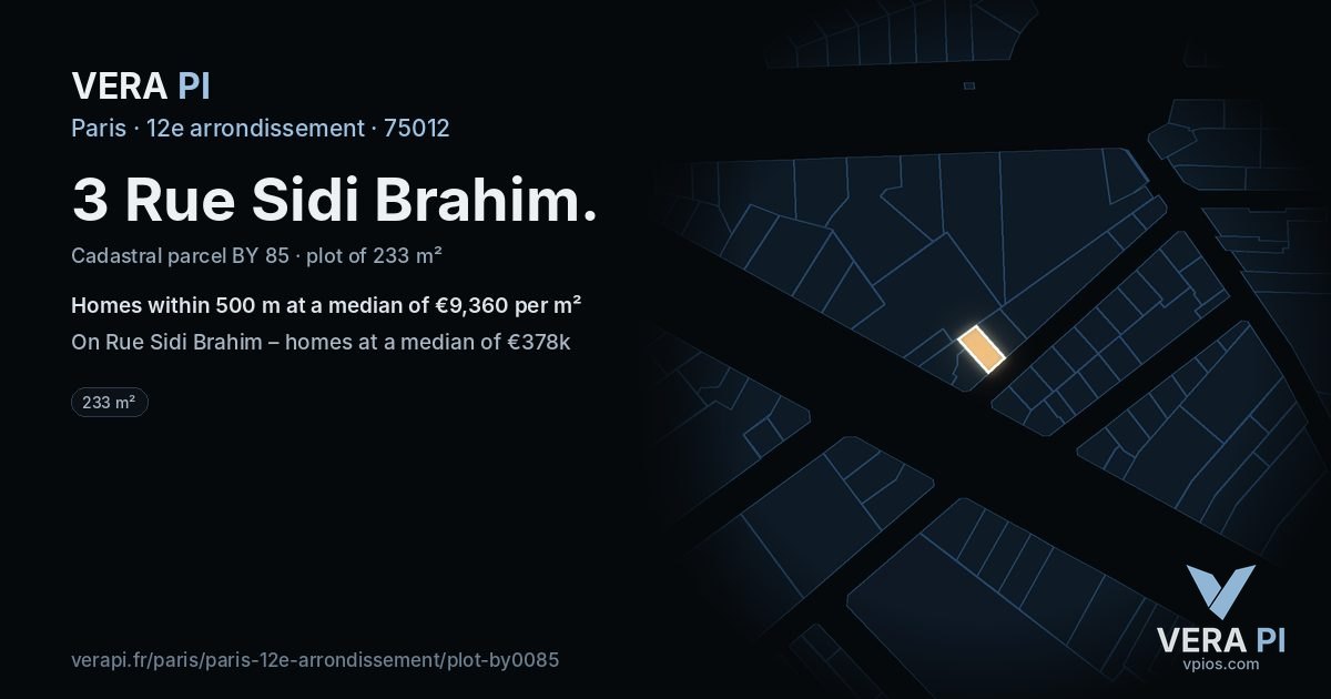 3 Rue Sidi Brahim, 12e arrondissement at night – the plot lit, the parcels around coloured by the prices near them
