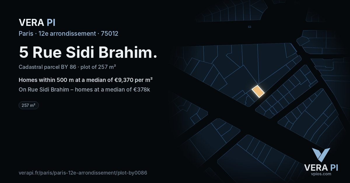 5 Rue Sidi Brahim, 12e arrondissement at night – the plot lit, the parcels around coloured by the prices near them