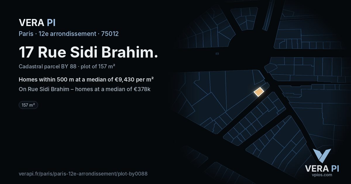 17 Rue Sidi Brahim, 12e arrondissement at night – the plot lit, the parcels around coloured by the prices near them