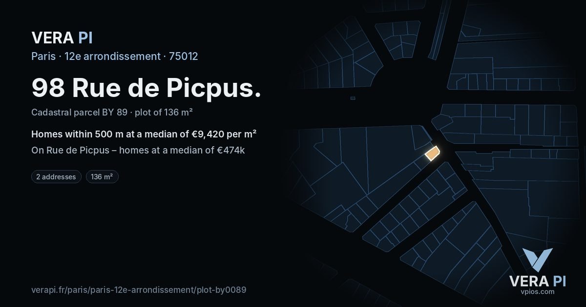 98 Rue de Picpus, 12e arrondissement at night – the plot lit, the parcels around coloured by the prices near them
