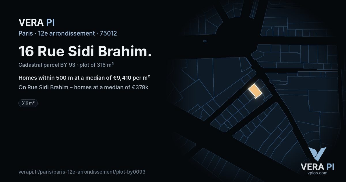 16 Rue Sidi Brahim, 12e arrondissement at night – the plot lit, the parcels around coloured by the prices near them