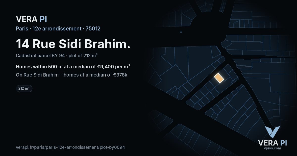 14 Rue Sidi Brahim, 12e arrondissement at night – the plot lit, the parcels around coloured by the prices near them