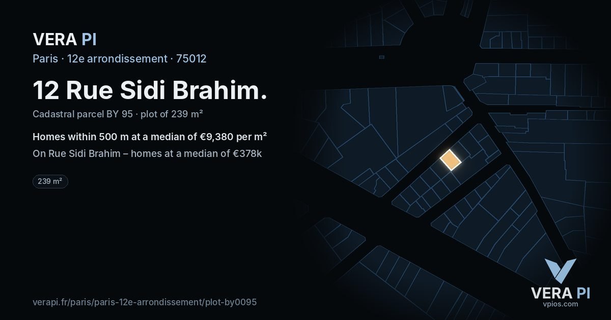 12 Rue Sidi Brahim, 12e arrondissement at night – the plot lit, the parcels around coloured by the prices near them