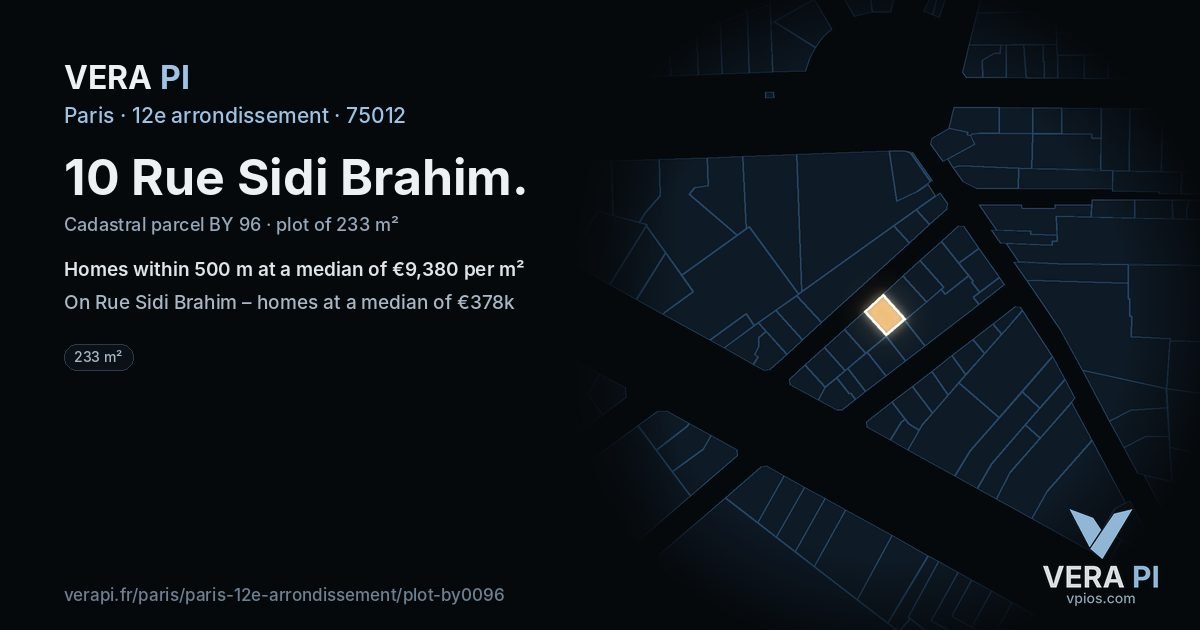10 Rue Sidi Brahim, 12e arrondissement at night – the plot lit, the parcels around coloured by the prices near them