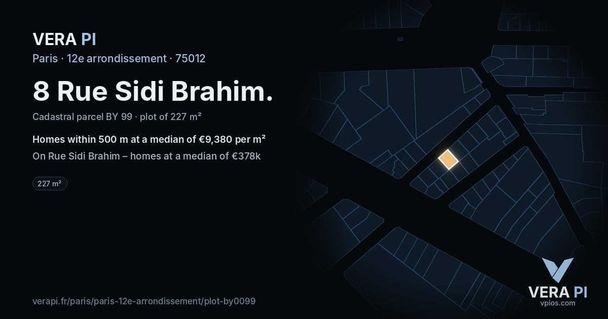 8 Rue Sidi Brahim, 12e arrondissement at night – the plot lit, the parcels around coloured by the prices near them
