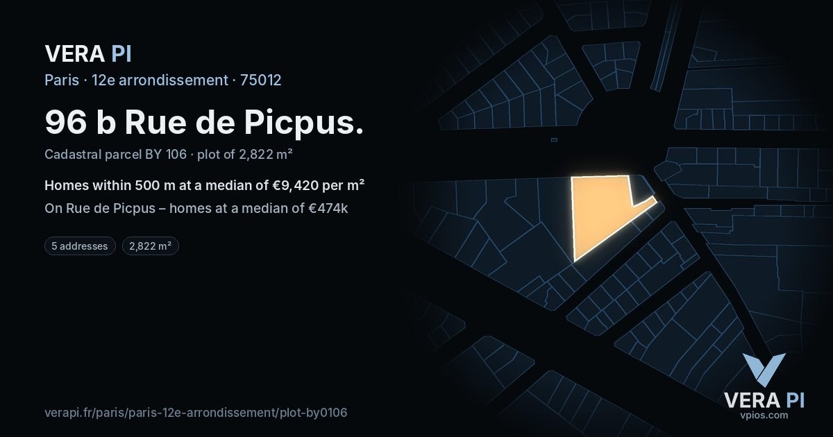 96 b Rue de Picpus, 12e arrondissement at night – the plot lit, the parcels around coloured by the prices near them