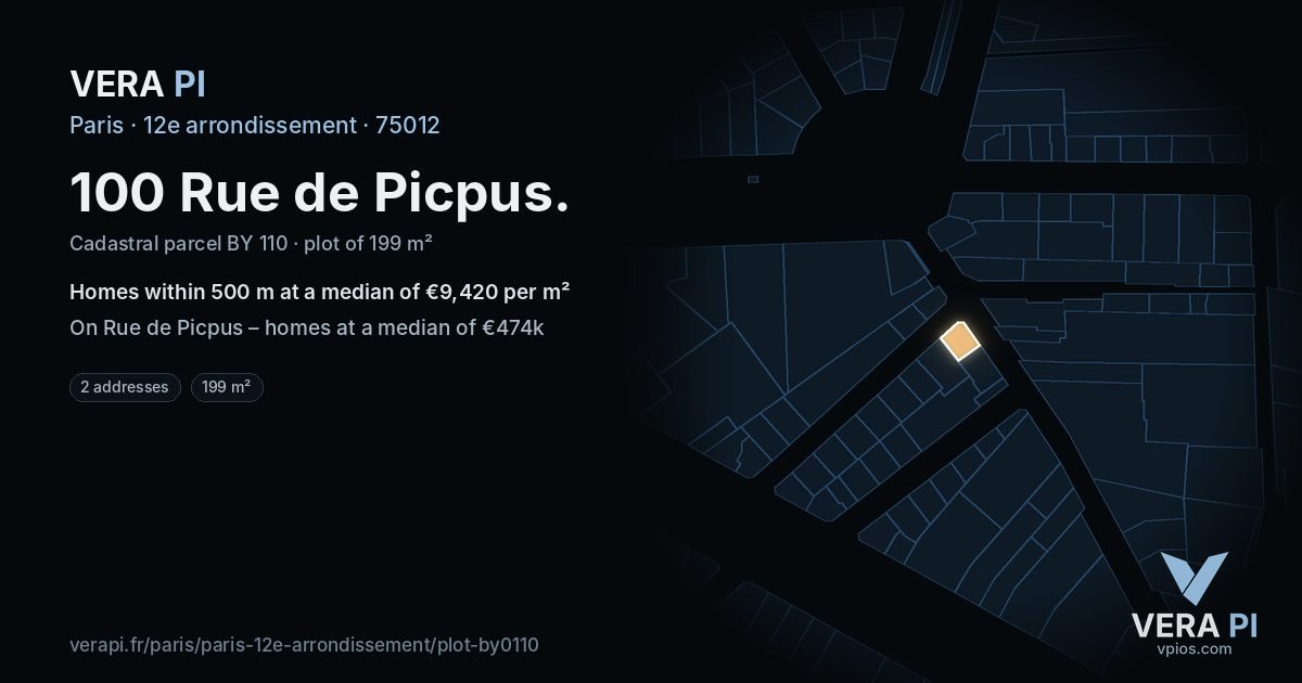 100 Rue de Picpus, 12e arrondissement at night – the plot lit, the parcels around coloured by the prices near them