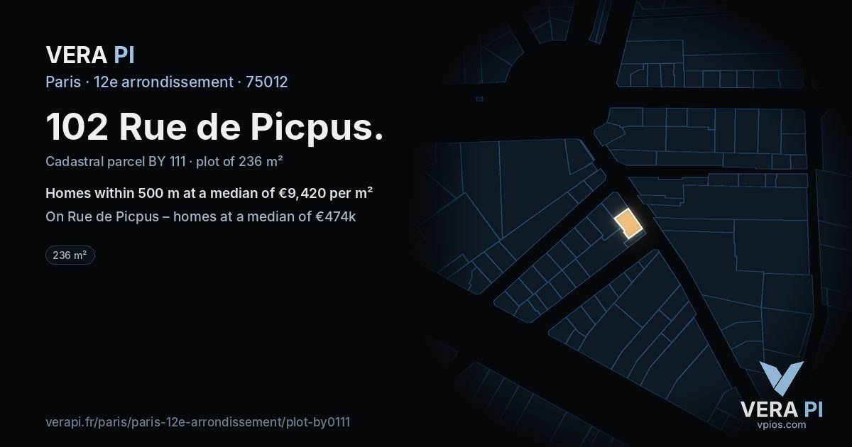 102 Rue de Picpus, 12e arrondissement at night – the plot lit, the parcels around coloured by the prices near them