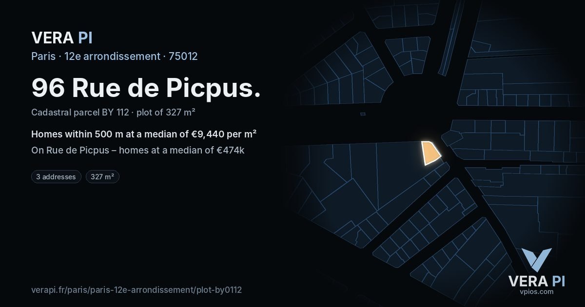 96 Rue de Picpus, 12e arrondissement at night – the plot lit, the parcels around coloured by the prices near them