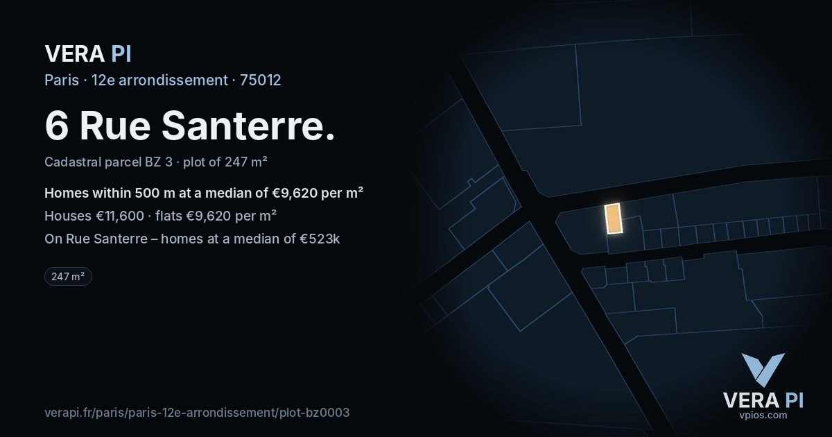6 Rue Santerre, 12e arrondissement at night – the plot lit, the parcels around coloured by the prices near them