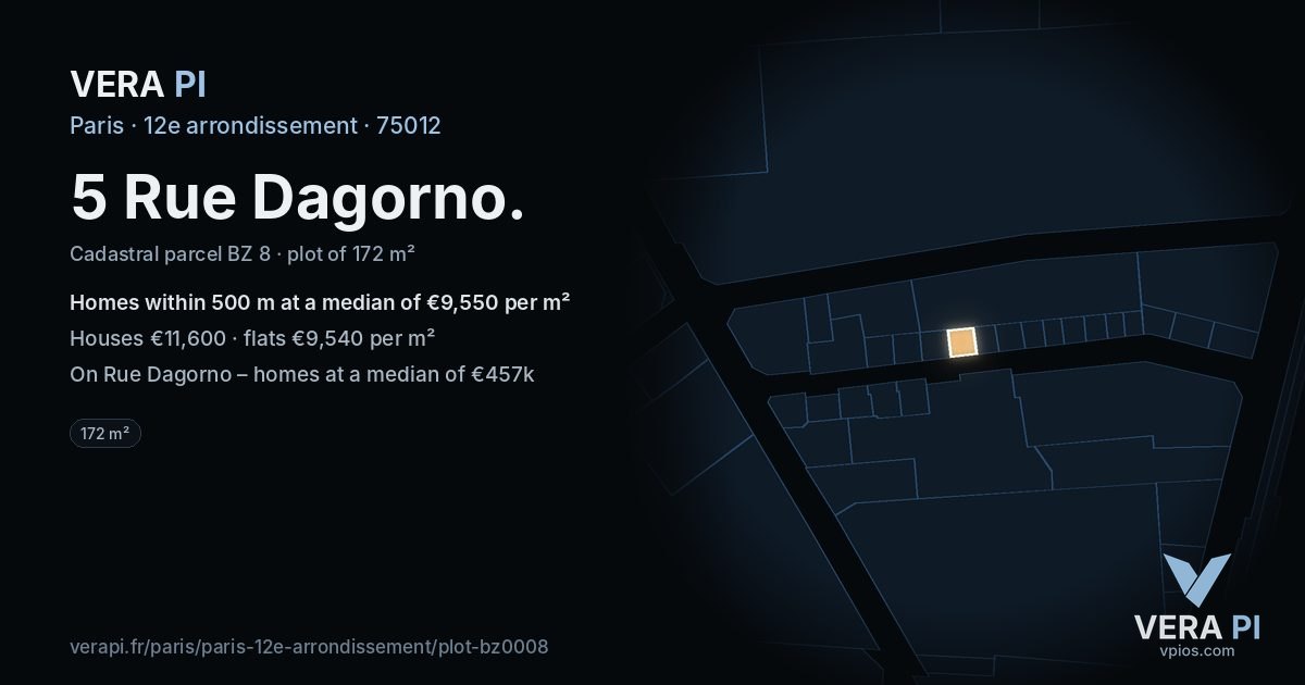 5 Rue Dagorno, 12e arrondissement at night – the plot lit, the parcels around coloured by the prices near them