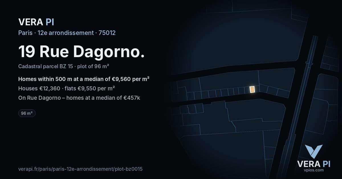 19 Rue Dagorno, 12e arrondissement at night – the plot lit, the parcels around coloured by the prices near them