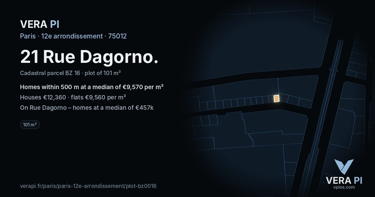 21 Rue Dagorno, 12e arrondissement at night – the plot lit, the parcels around coloured by the prices near them