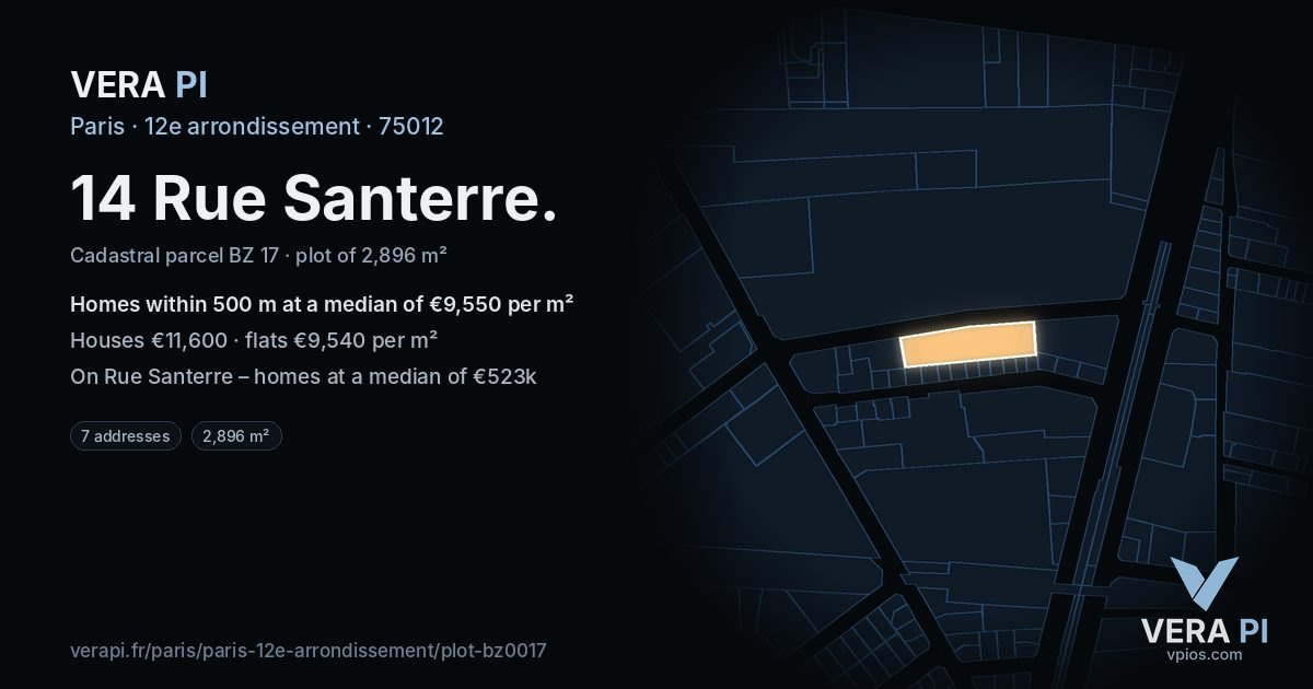 14 Rue Santerre, 12e arrondissement at night – the plot lit, the parcels around coloured by the prices near them