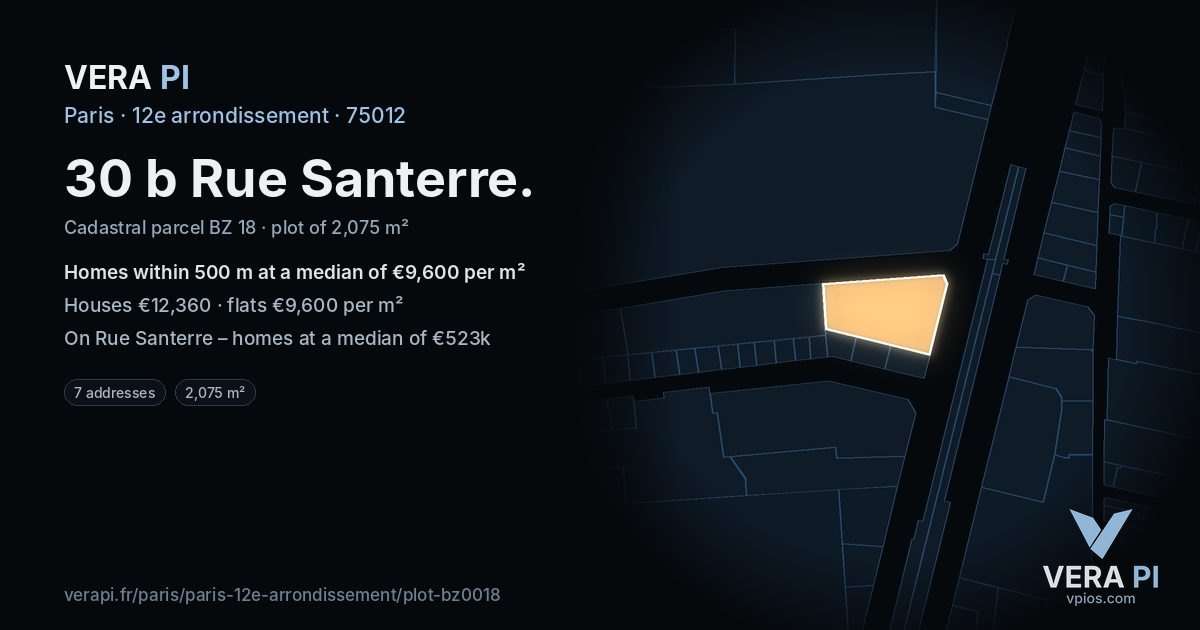 30 b Rue Santerre, 12e arrondissement at night – the plot lit, the parcels around coloured by the prices near them
