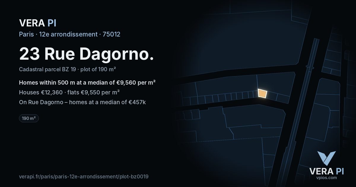 23 Rue Dagorno, 12e arrondissement at night – the plot lit, the parcels around coloured by the prices near them
