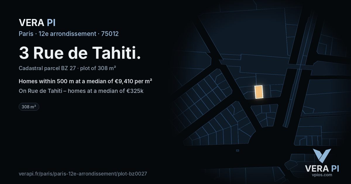 3 Rue de Tahiti, 12e arrondissement at night – the plot lit, the parcels around coloured by the prices near them
