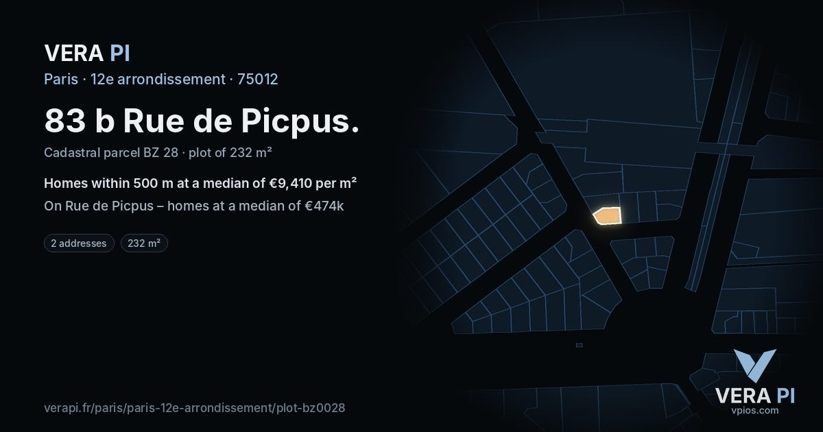 83 b Rue de Picpus, 12e arrondissement at night – the plot lit, the parcels around coloured by the prices near them