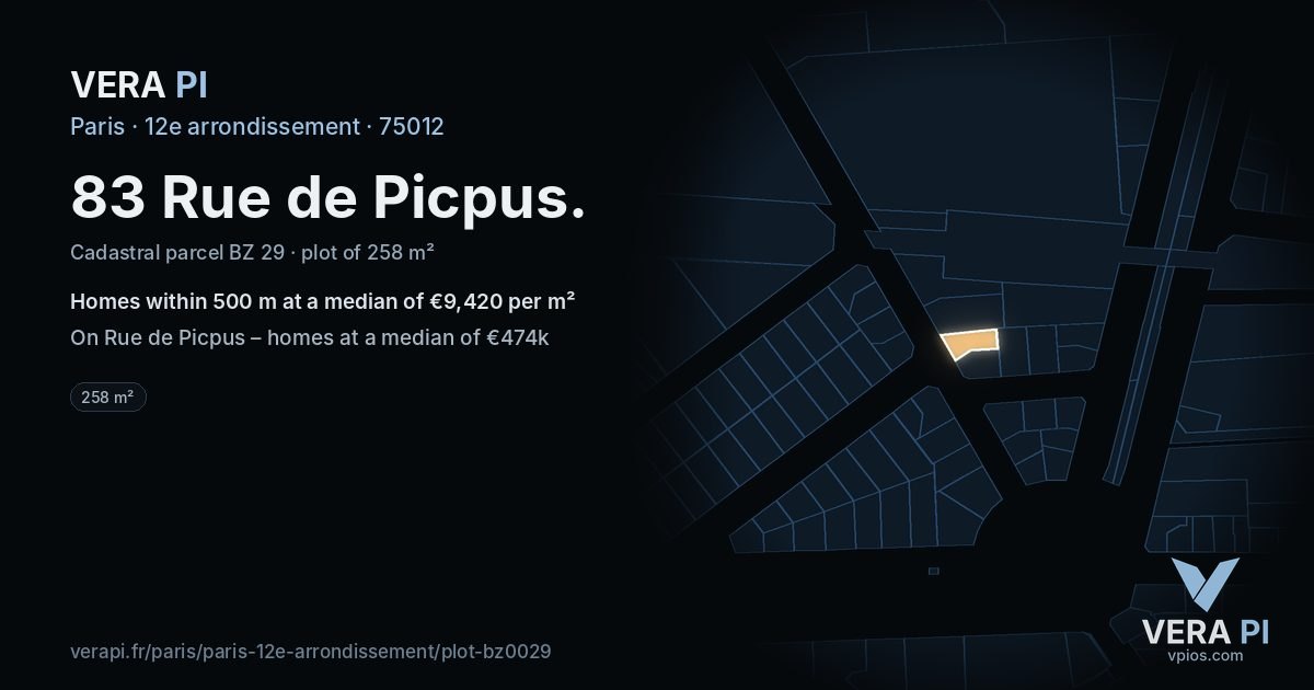 83 Rue de Picpus, 12e arrondissement at night – the plot lit, the parcels around coloured by the prices near them