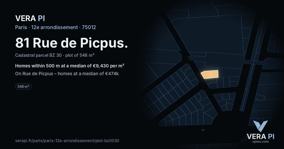 81 Rue de Picpus, 12e arrondissement at night – the plot lit, the parcels around coloured by the prices near them