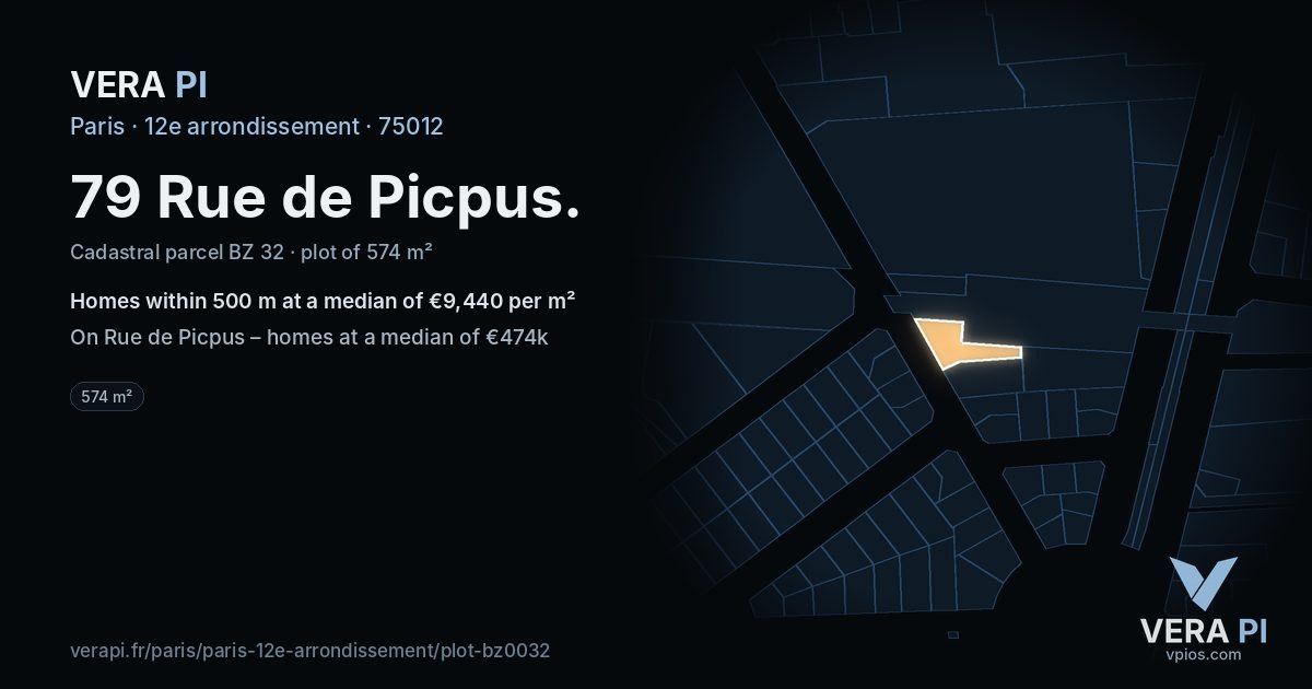 79 Rue de Picpus, 12e arrondissement at night – the plot lit, the parcels around coloured by the prices near them