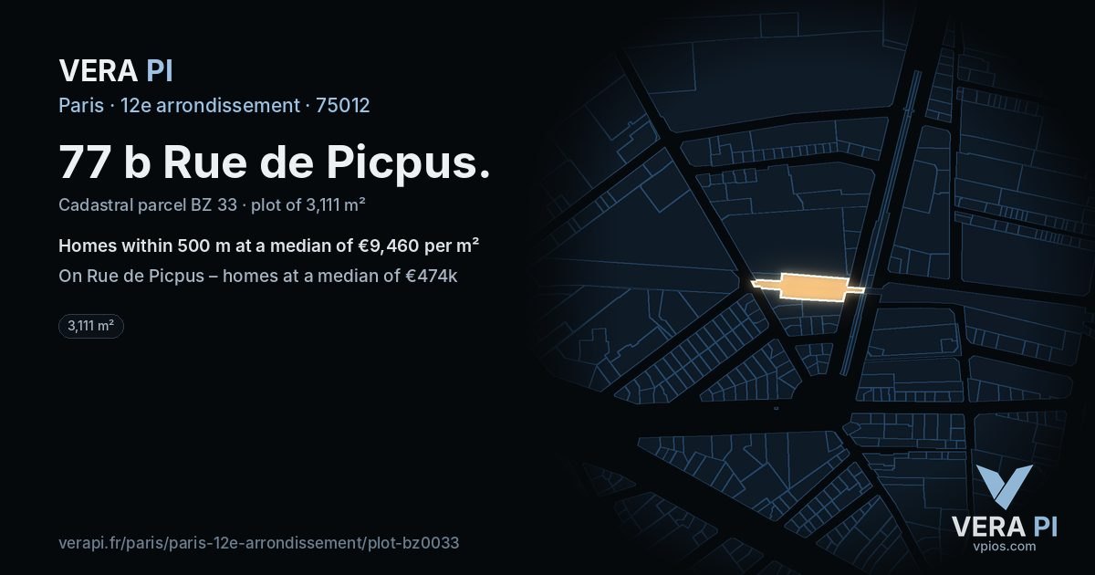 77 b Rue de Picpus, 12e arrondissement at night – the plot lit, the parcels around coloured by the prices near them