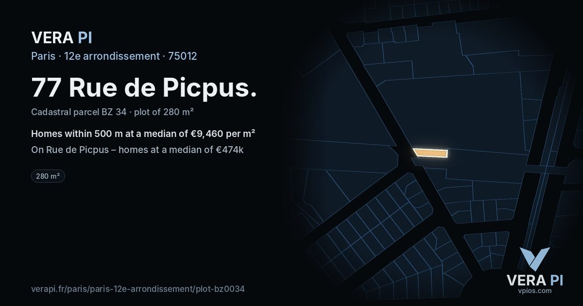77 Rue de Picpus, 12e arrondissement at night – the plot lit, the parcels around coloured by the prices near them
