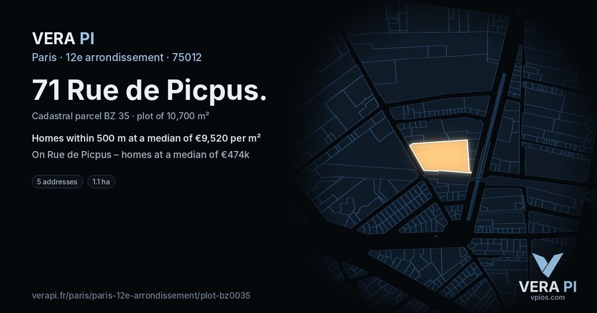 71 Rue de Picpus, 12e arrondissement at night – the plot lit, the parcels around coloured by the prices near them