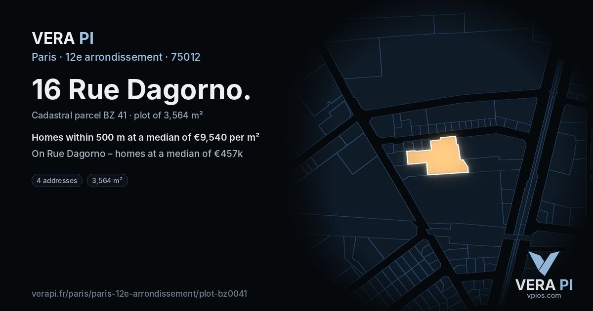 16 Rue Dagorno, 12e arrondissement at night – the plot lit, the parcels around coloured by the prices near them