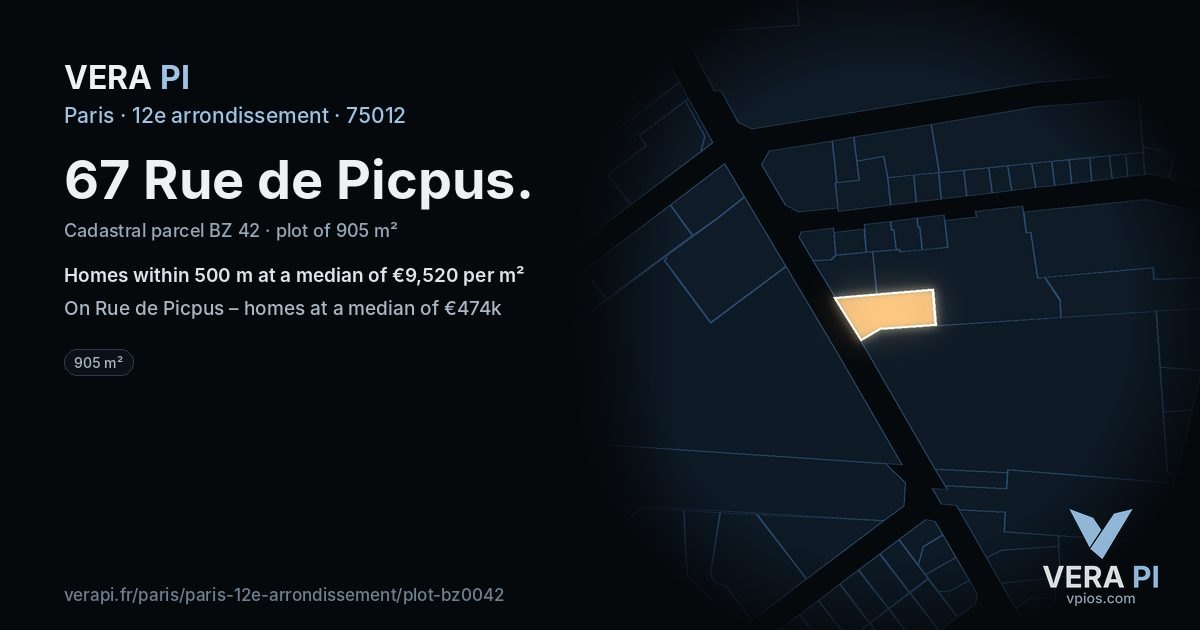 67 Rue de Picpus, 12e arrondissement at night – the plot lit, the parcels around coloured by the prices near them