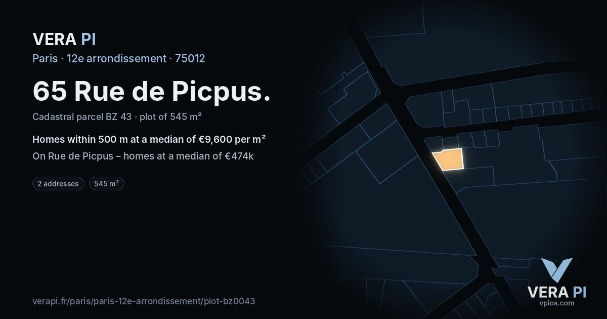65 Rue de Picpus, 12e arrondissement at night – the plot lit, the parcels around coloured by the prices near them