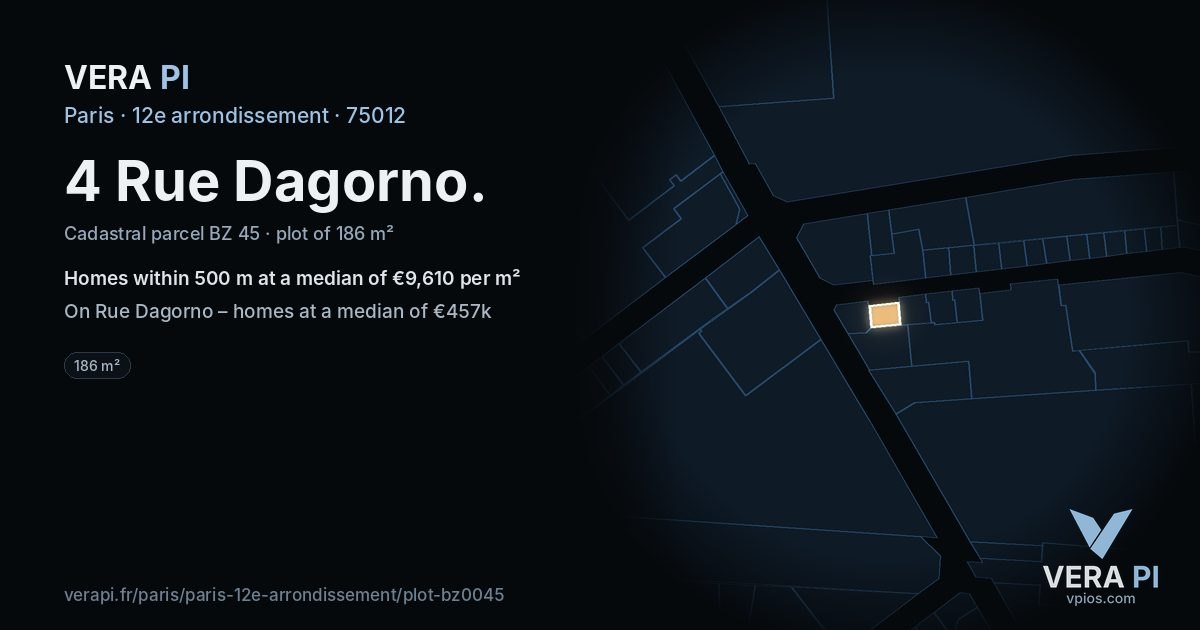 4 Rue Dagorno, 12e arrondissement at night – the plot lit, the parcels around coloured by the prices near them
