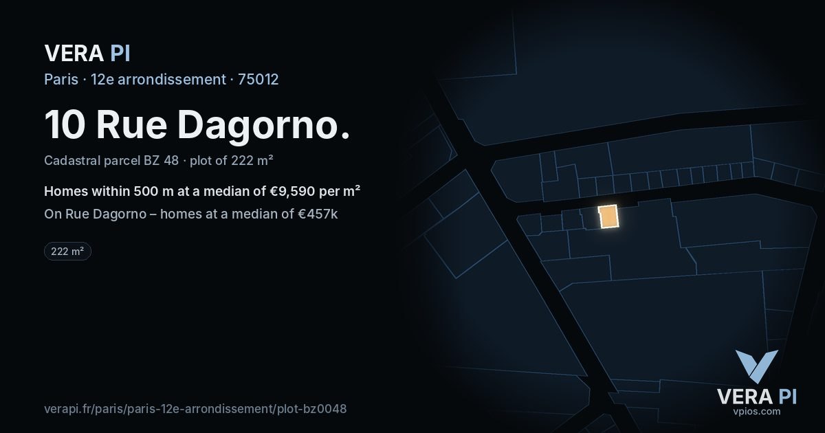10 Rue Dagorno, 12e arrondissement at night – the plot lit, the parcels around coloured by the prices near them