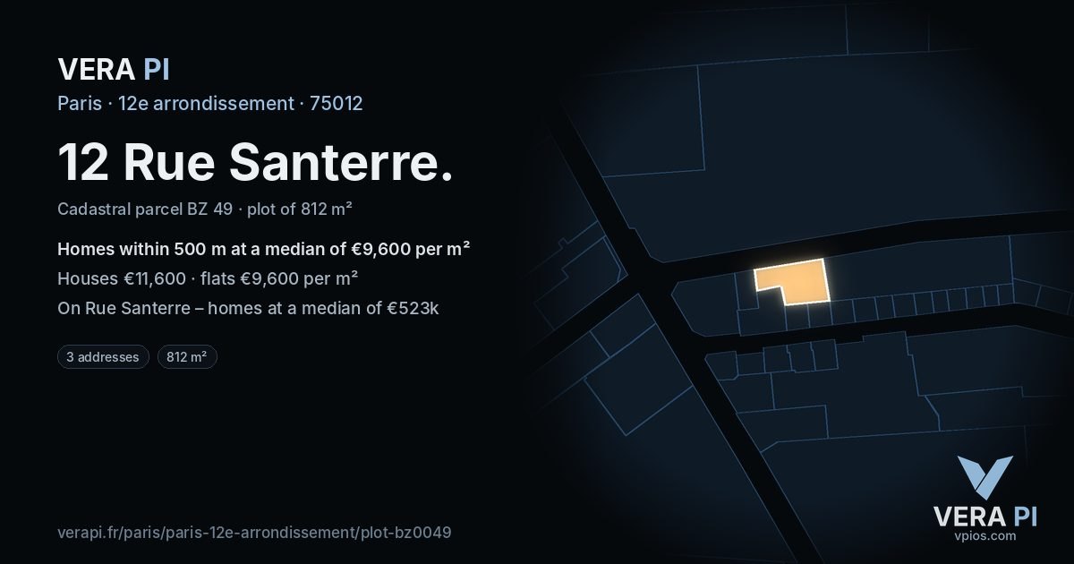 12 Rue Santerre, 12e arrondissement at night – the plot lit, the parcels around coloured by the prices near them