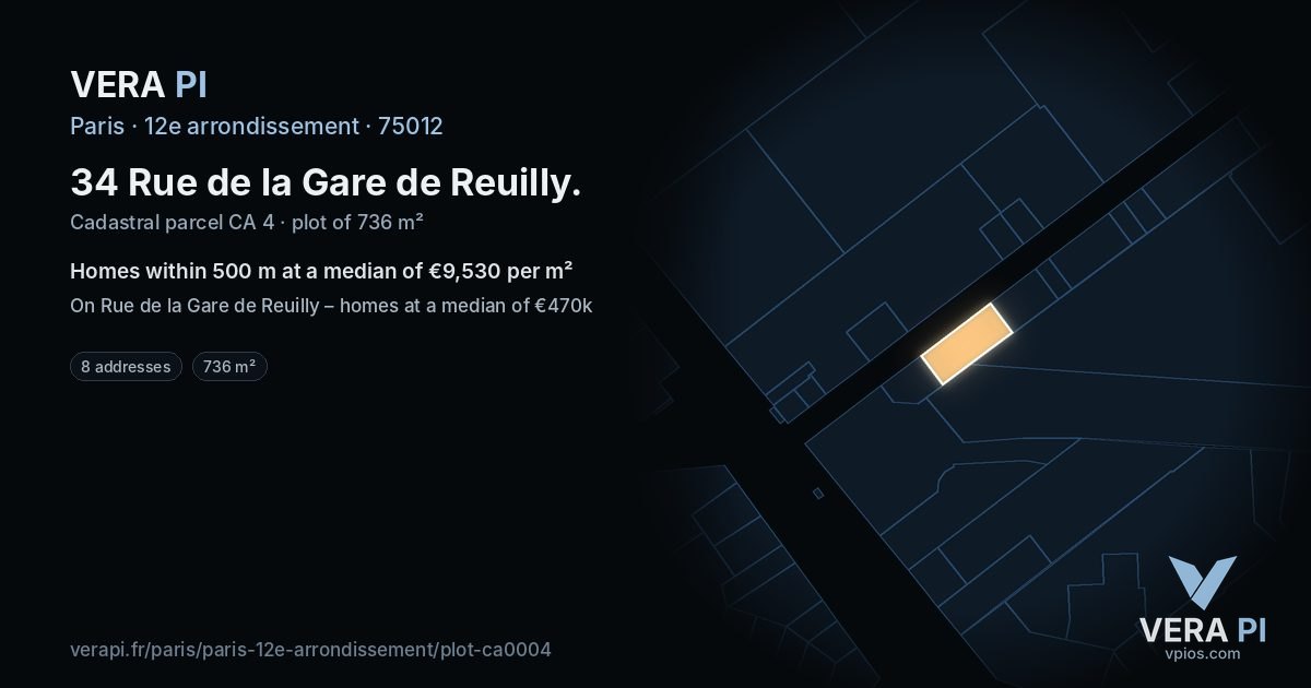 34 Rue de la Gare de Reuilly, 12e arrondissement at night – the plot lit, the parcels around coloured by the prices near them