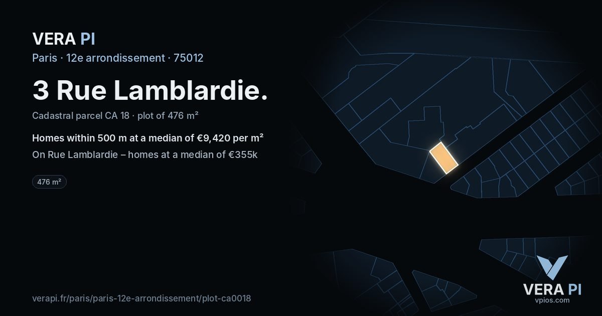 3 Rue Lamblardie, 12e arrondissement at night – the plot lit, the parcels around coloured by the prices near them