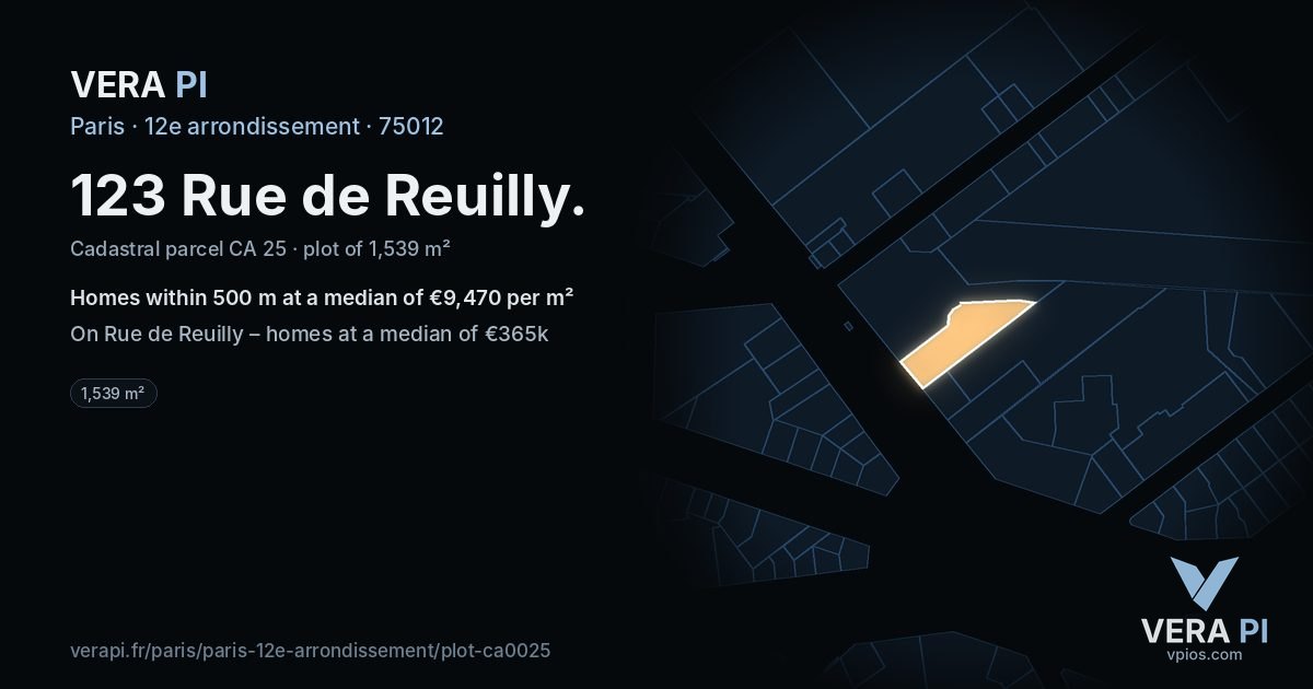 123 Rue de Reuilly, 12e arrondissement at night – the plot lit, the parcels around coloured by the prices near them