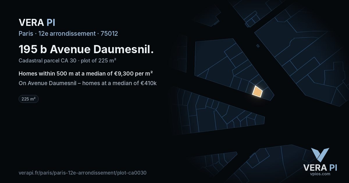 195 b Avenue Daumesnil, 12e arrondissement at night – the plot lit, the parcels around coloured by the prices near them