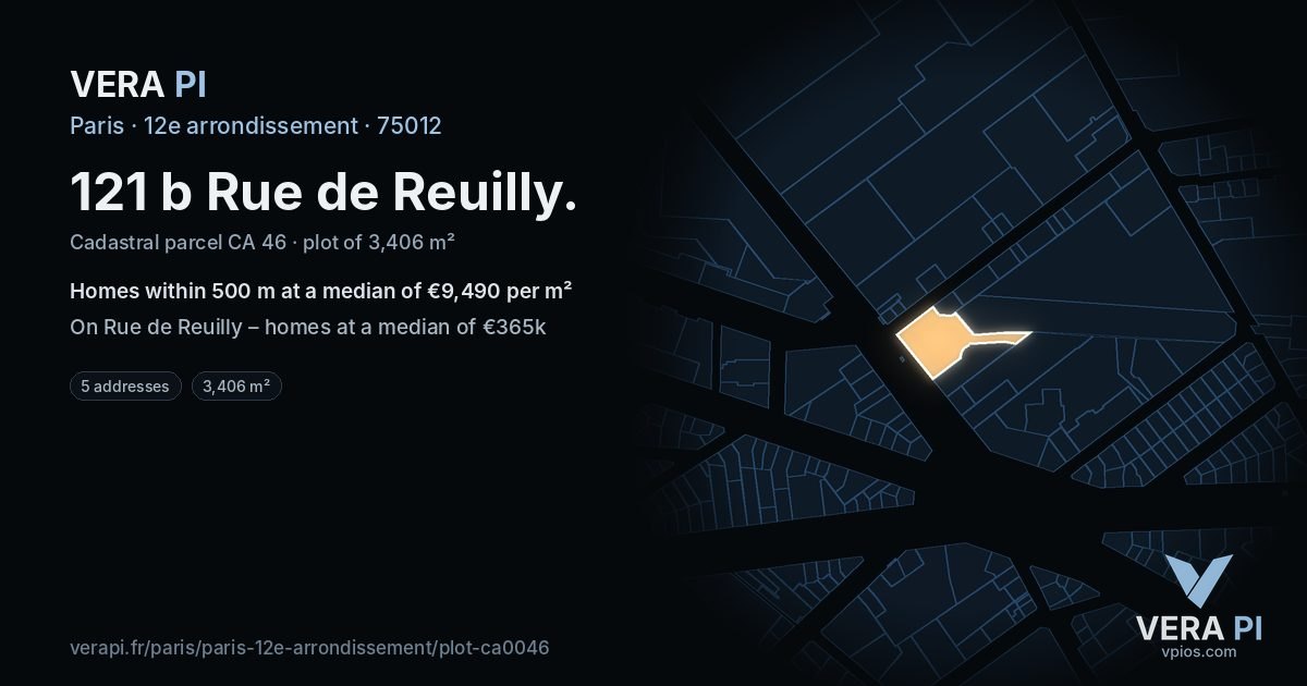 121 b Rue de Reuilly, 12e arrondissement at night – the plot lit, the parcels around coloured by the prices near them