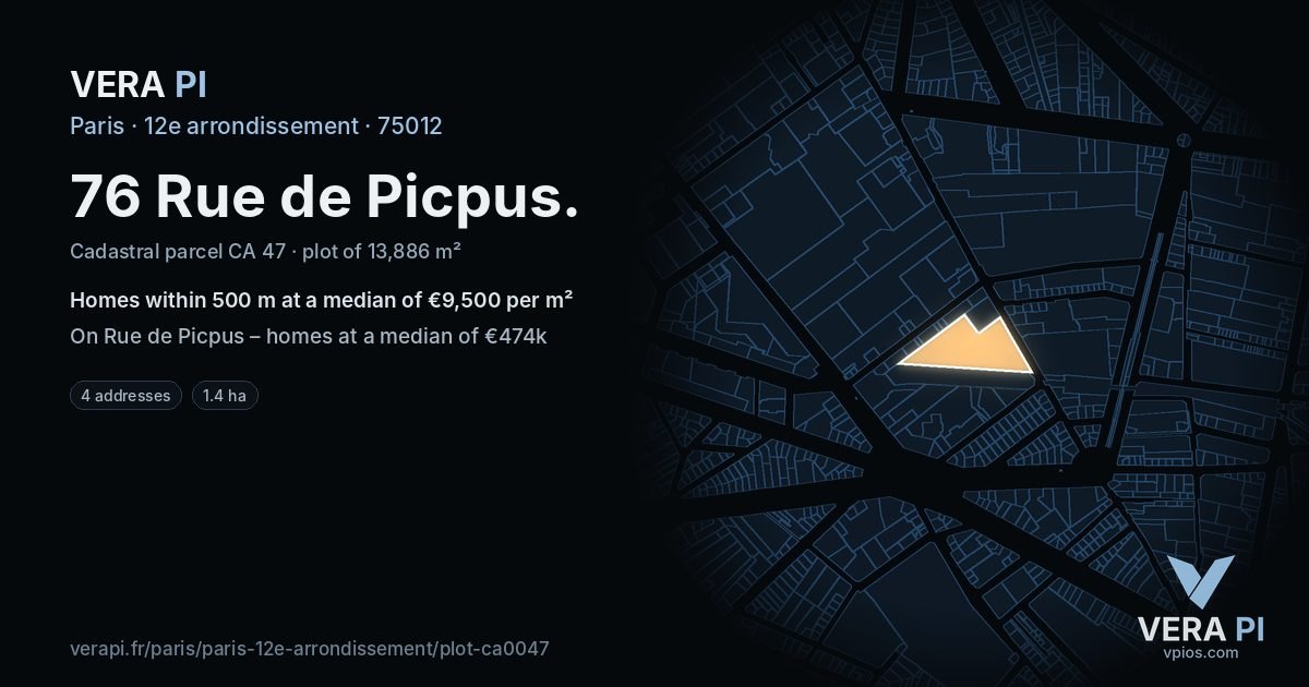 76 Rue de Picpus, 12e arrondissement at night – the plot lit, the parcels around coloured by the prices near them