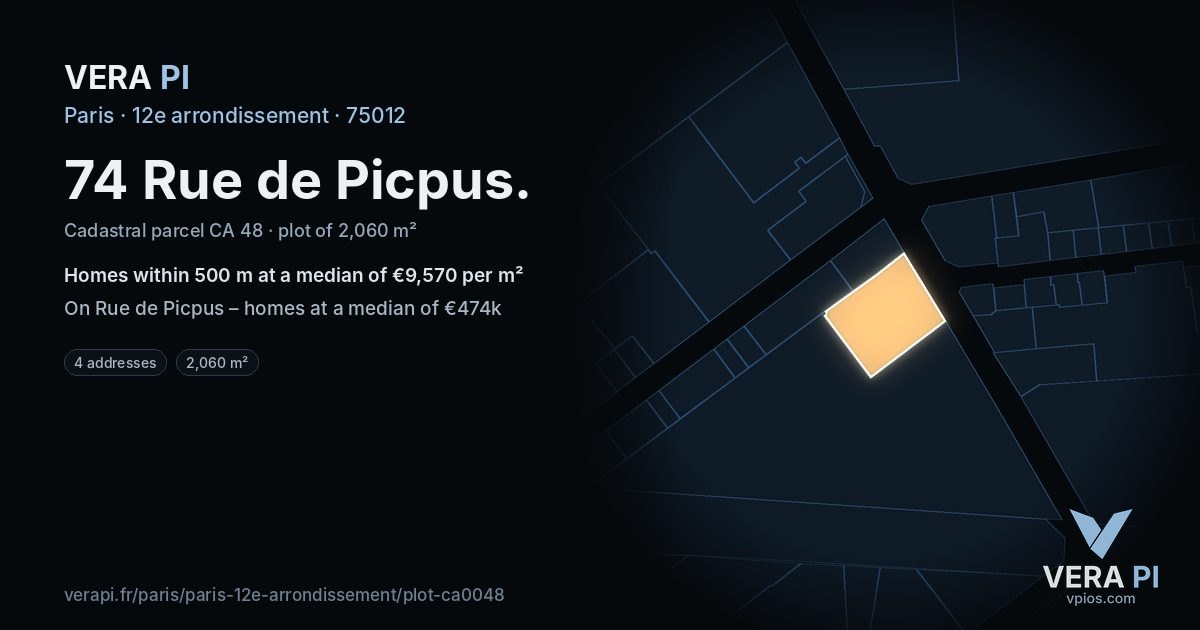 74 Rue de Picpus, 12e arrondissement at night – the plot lit, the parcels around coloured by the prices near them