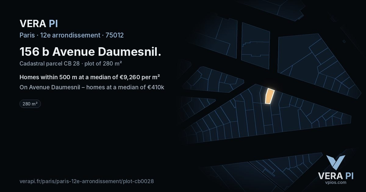 156 b Avenue Daumesnil, 12e arrondissement at night – the plot lit, the parcels around coloured by the prices near them