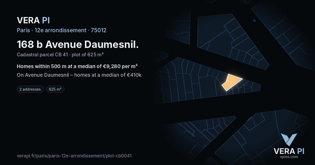 168 b Avenue Daumesnil, 12e arrondissement at night – the plot lit, the parcels around coloured by the prices near them