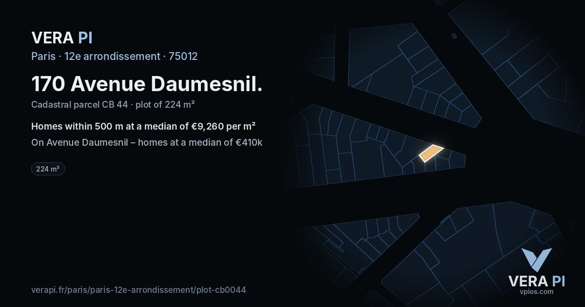170 Avenue Daumesnil, 12e arrondissement at night – the plot lit, the parcels around coloured by the prices near them