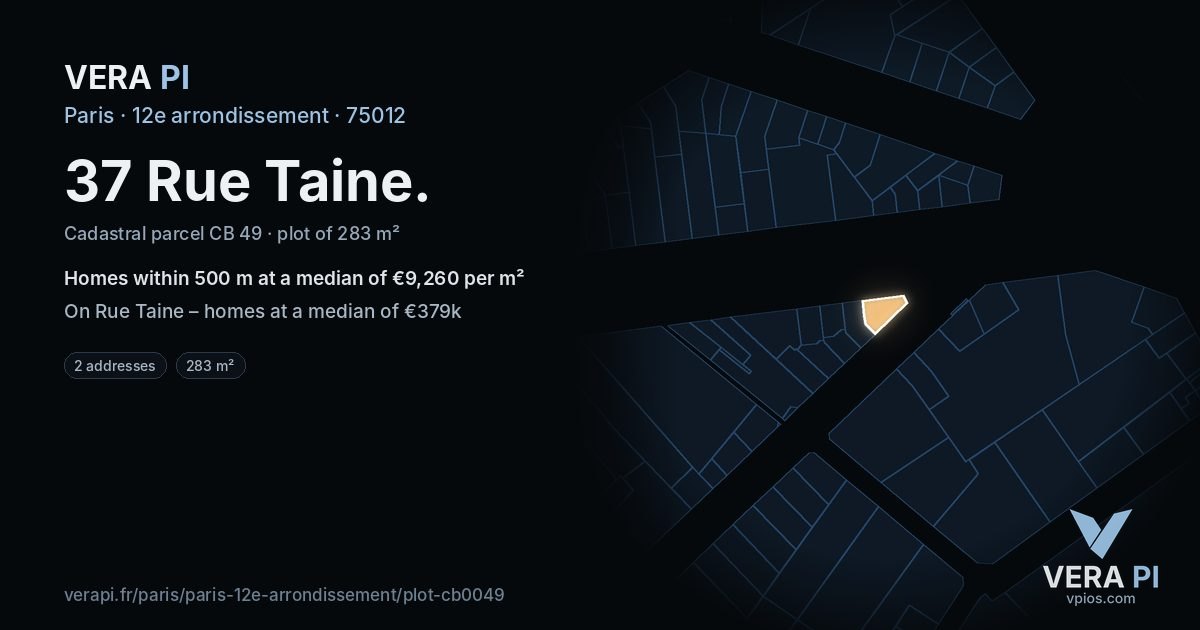 37 Rue Taine, 12e arrondissement at night – the plot lit, the parcels around coloured by the prices near them
