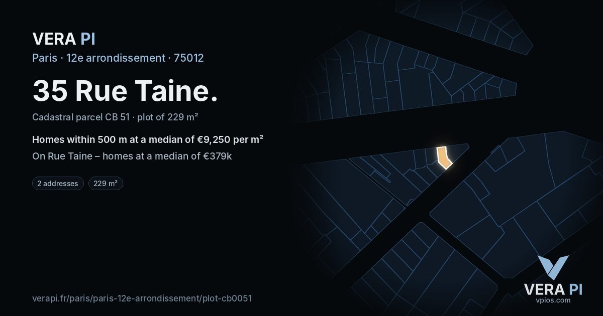 35 Rue Taine, 12e arrondissement at night – the plot lit, the parcels around coloured by the prices near them