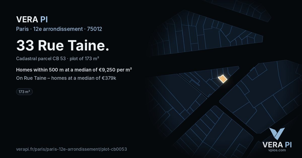 33 Rue Taine, 12e arrondissement at night – the plot lit, the parcels around coloured by the prices near them