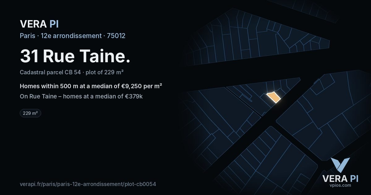 31 Rue Taine, 12e arrondissement at night – the plot lit, the parcels around coloured by the prices near them