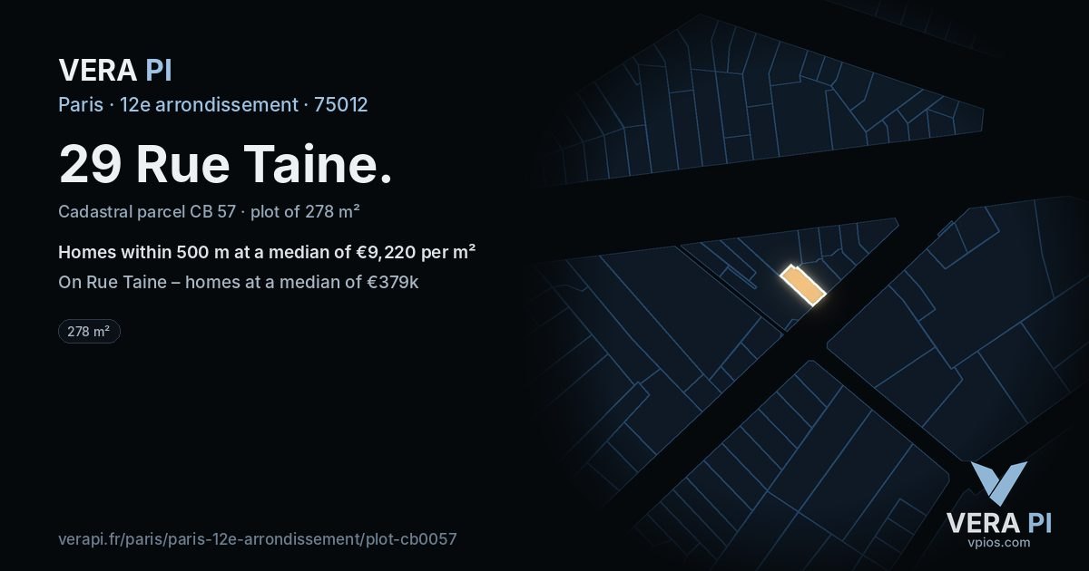 29 Rue Taine, 12e arrondissement at night – the plot lit, the parcels around coloured by the prices near them